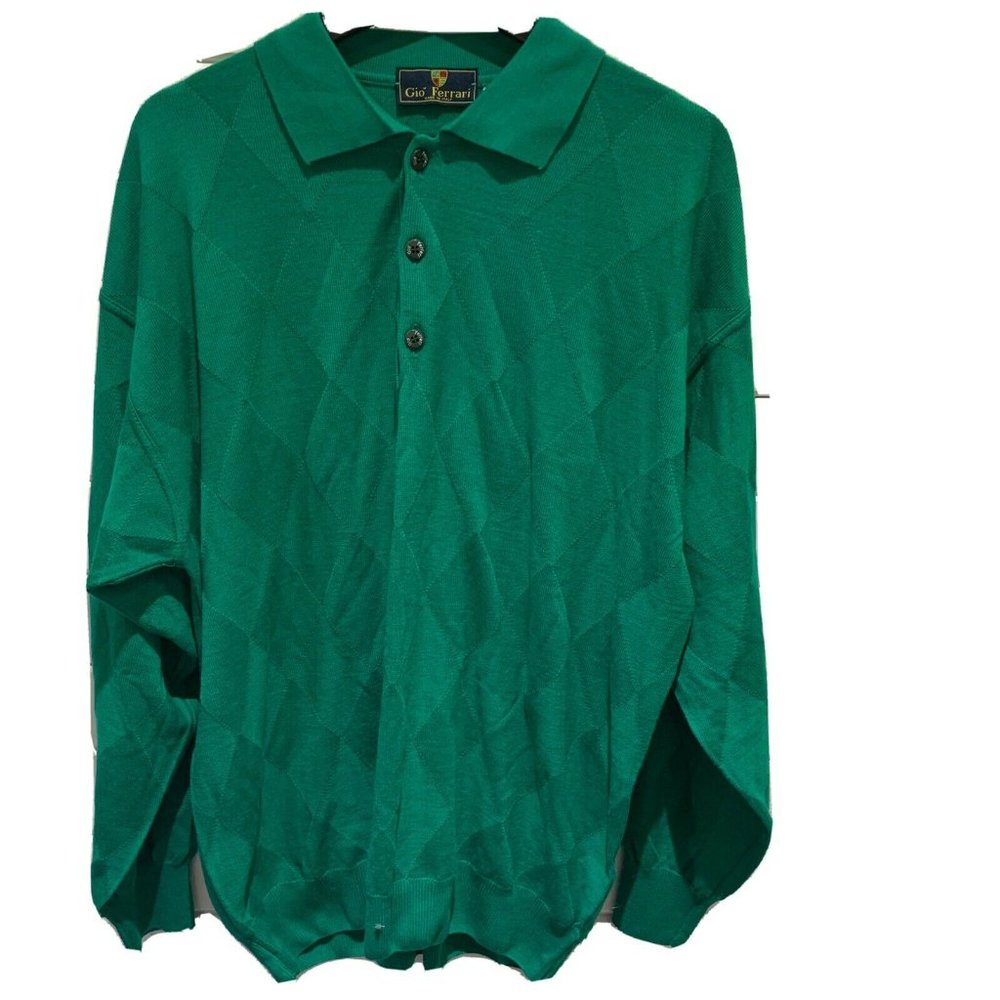 Ferrell Merino’s Wool Long Sleeve Button Up Polo Golf Sweater Shirt Large Green